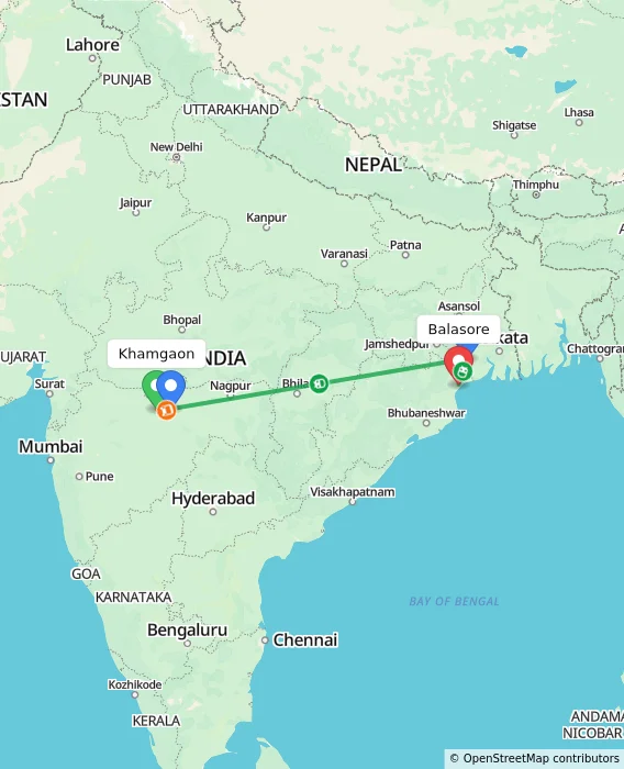 Route map showing distance and travel time from Khamgaon, India to Balasore, India
