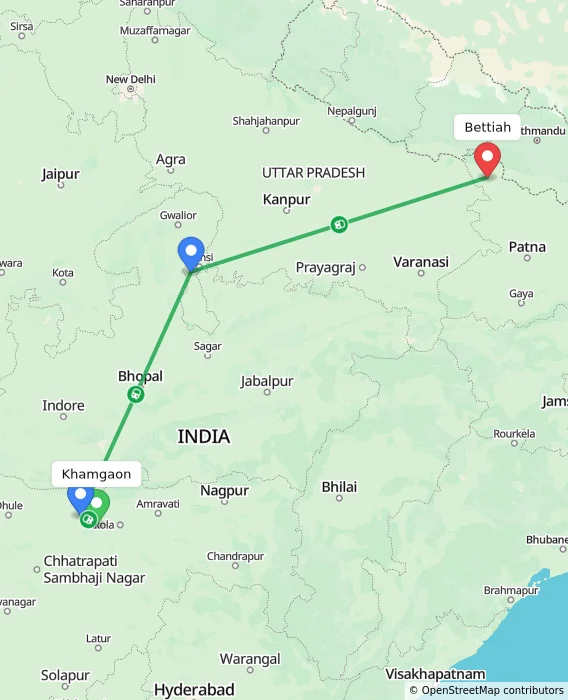 Route map showing distance and travel time from Khamgaon, India to Bettiah, India