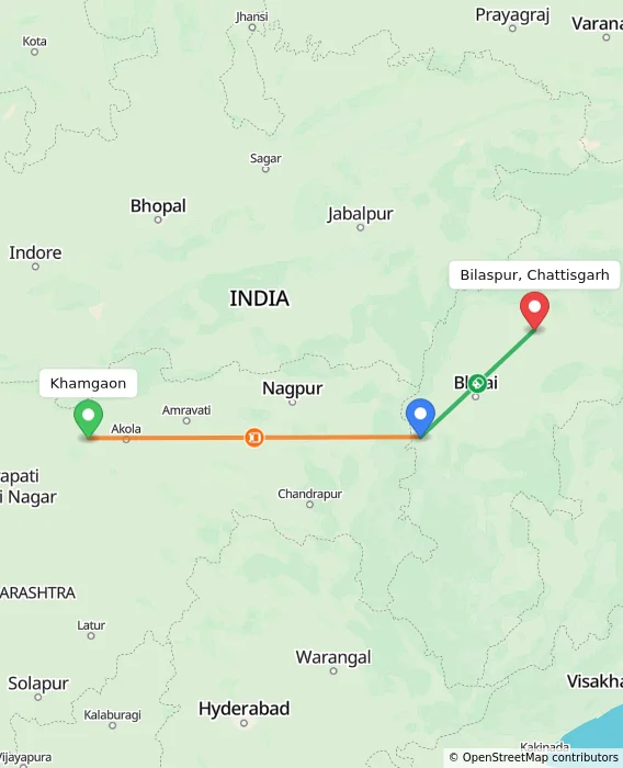 Route map showing distance and travel time from Khamgaon, India to Bilaspur, Chattisgarh, India