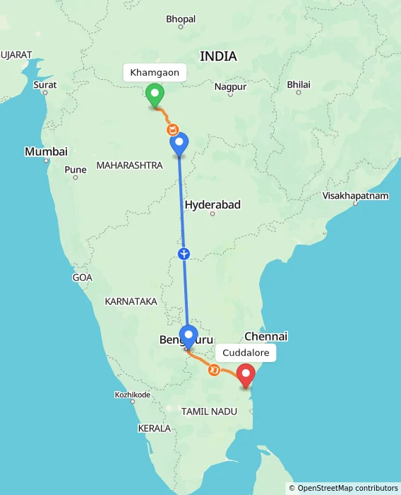 Route map showing distance and travel time from Khamgaon, India to Cuddalore, India