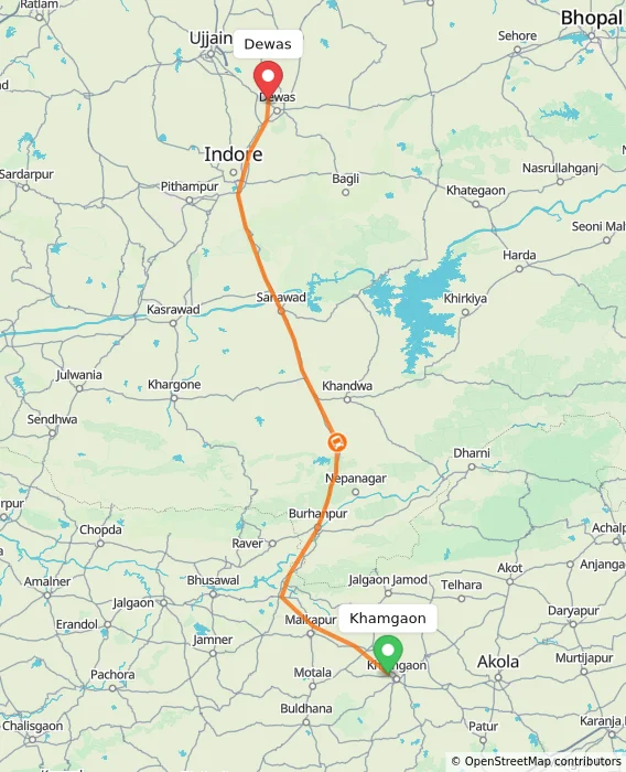 Route map showing distance and travel time from Khamgaon, India to Dewas, India
