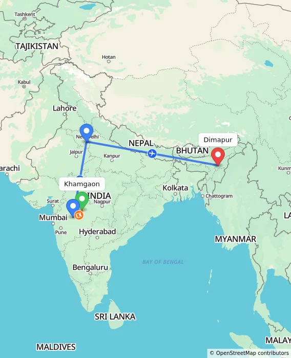 Route map showing distance and travel time from Khamgaon, India to Dimapur, India