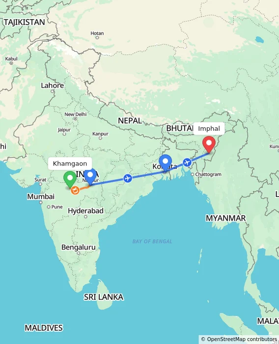 Route map showing distance and travel time from Khamgaon, India to Imphal, India