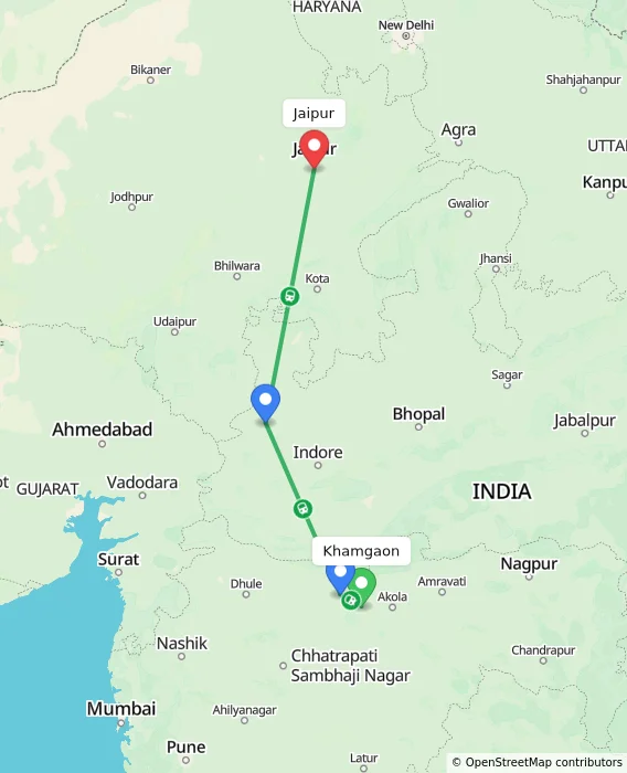 Route map showing distance and travel time from Khamgaon, India to Jaipur, India