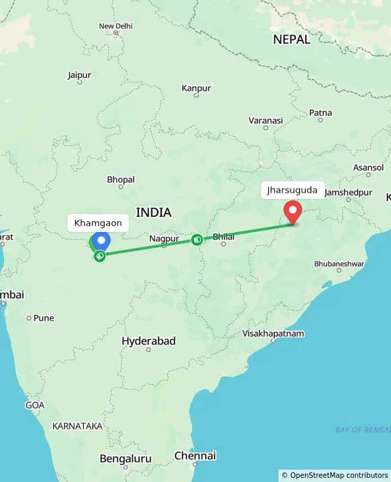 Route map showing distance and travel time from Khamgaon, India to Jharsuguda, India
