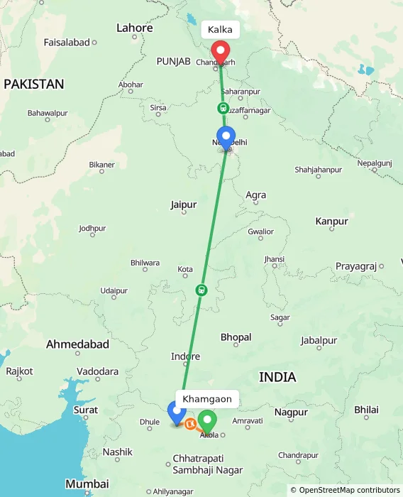 Route map showing distance and travel time from Khamgaon, India to Kalka, India