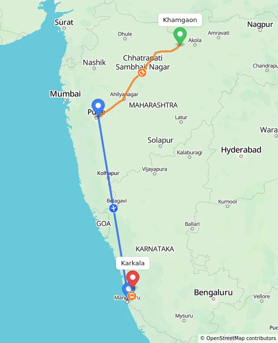 Route map showing distance and travel time from Khamgaon, India to Karkala, India