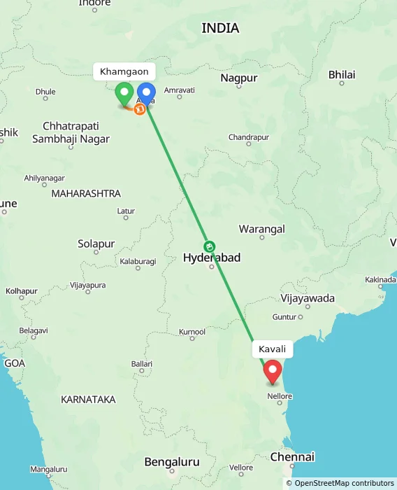 Route map showing distance and travel time from Khamgaon, India to Kavali, India