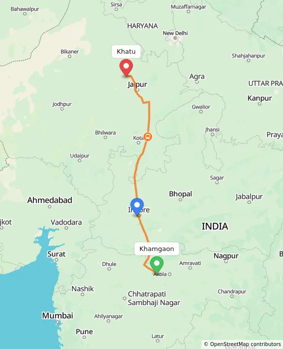 Route map showing distance and travel time from Khamgaon, India to Khatu, India