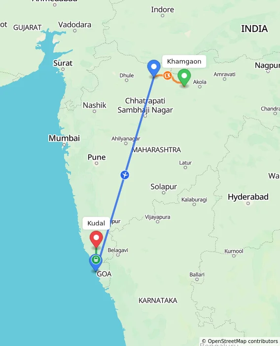 Route map showing distance and travel time from Khamgaon, India to Kudal, India