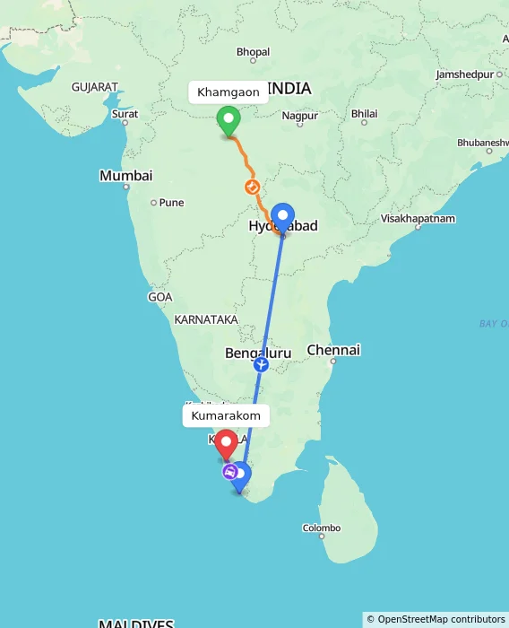 Route map showing distance and travel time from Khamgaon, India to Kumarakom, India
