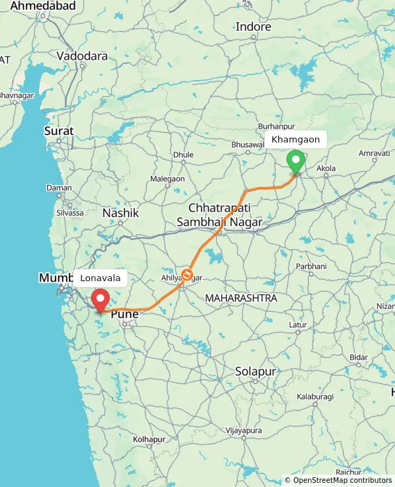 Route map showing distance and travel time from Khamgaon, India to Lonavala, India