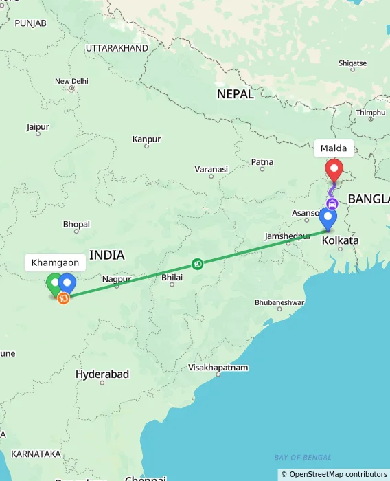 Route map showing distance and travel time from Khamgaon, India to Malda, India