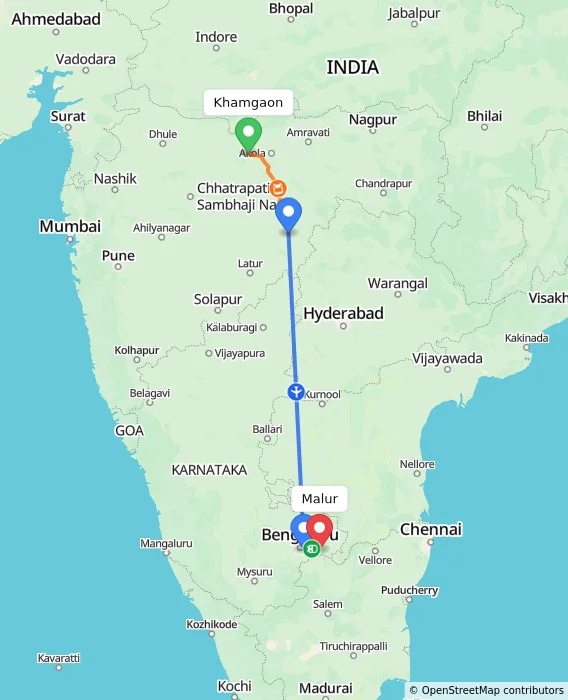 Route map showing distance and travel time from Khamgaon, India to Malur, India