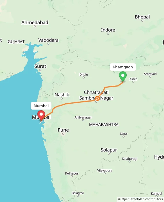 Route map showing distance and travel time from Khamgaon, India to Mumbai, India
