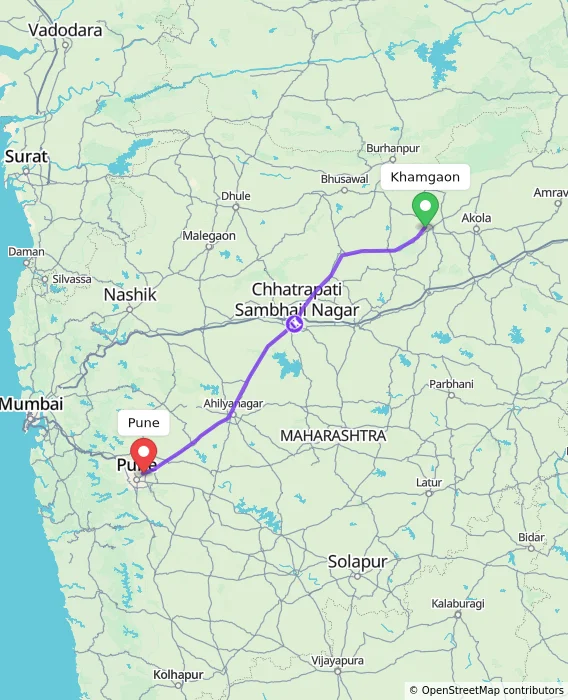Route map showing distance and travel time from Khamgaon, India to Pune, India