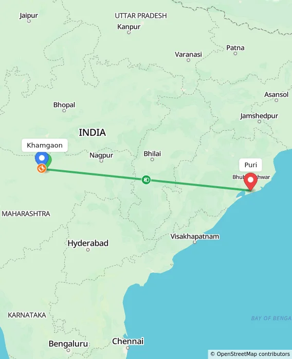 Route map showing distance and travel time from Khamgaon, India to Puri, India