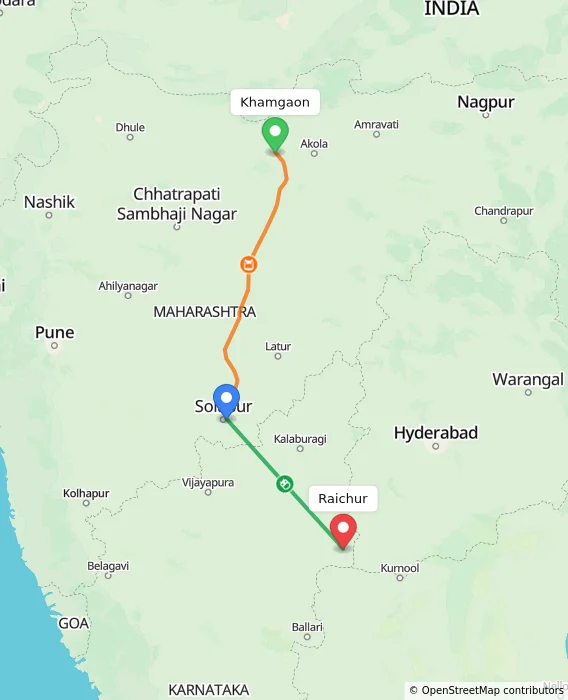Route map showing distance and travel time from Khamgaon, India to Raichur, India