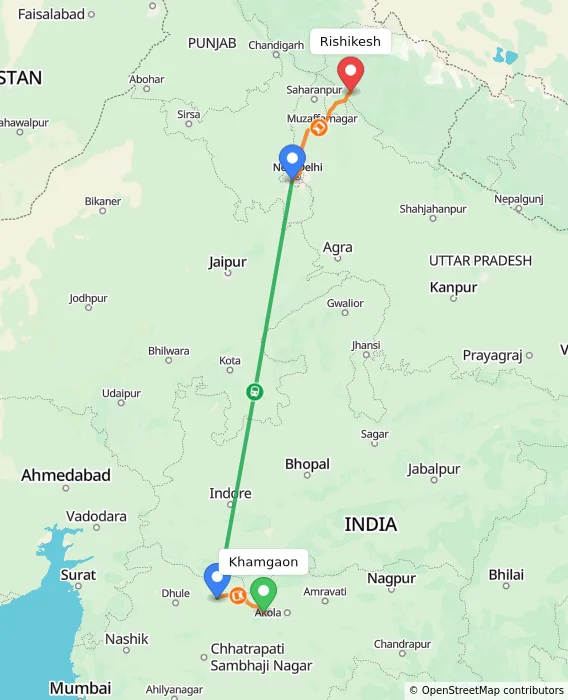 Route map showing distance and travel time from Khamgaon, India to Rishikesh, India