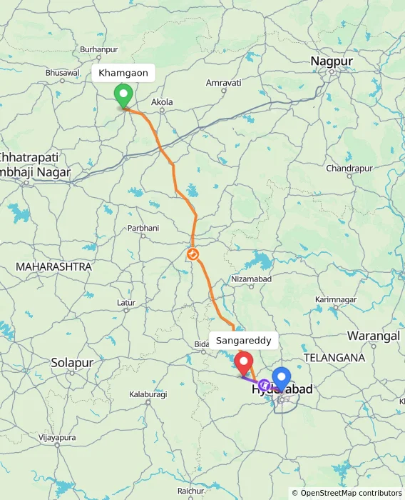 Route map showing distance and travel time from Khamgaon, India to Sangareddy, India