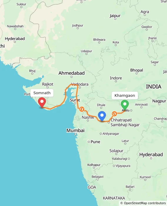 Route map showing distance and travel time from Khamgaon, India to Somnath, India
