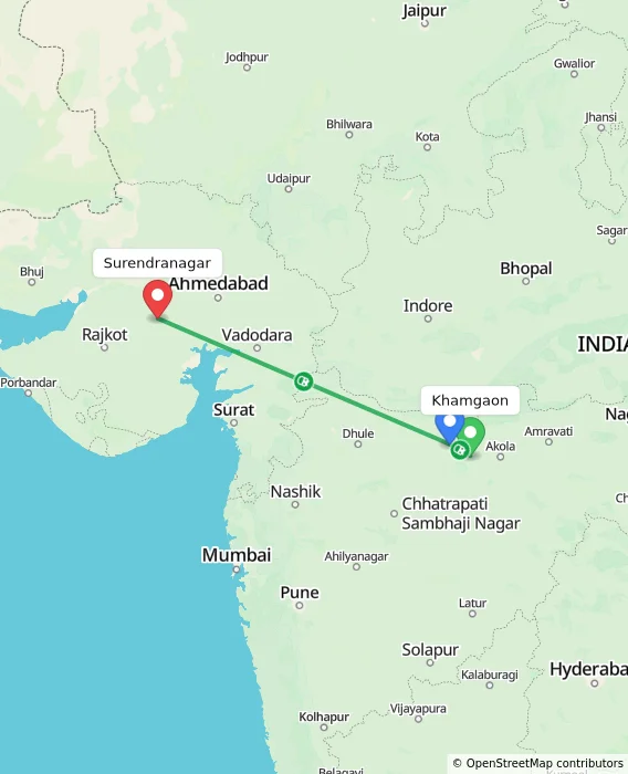 Route map showing distance and travel time from Khamgaon, India to Surendranagar, India