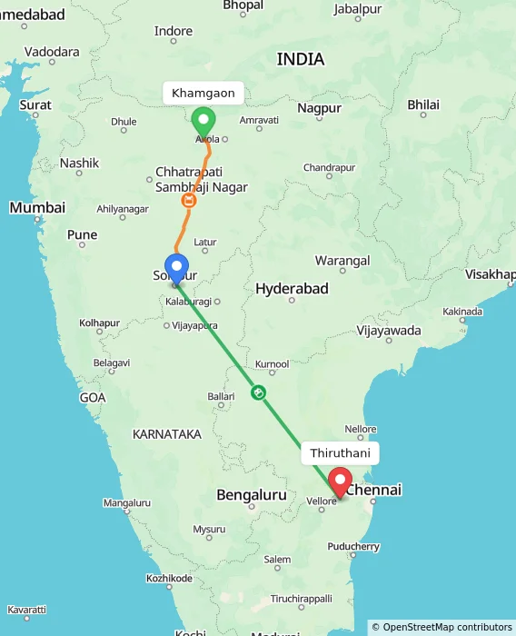 Route map showing distance and travel time from Khamgaon, India to Thiruthani, India