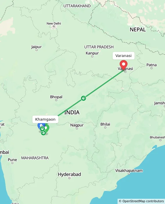 Route map showing distance and travel time from Khamgaon, India to Varanasi, India