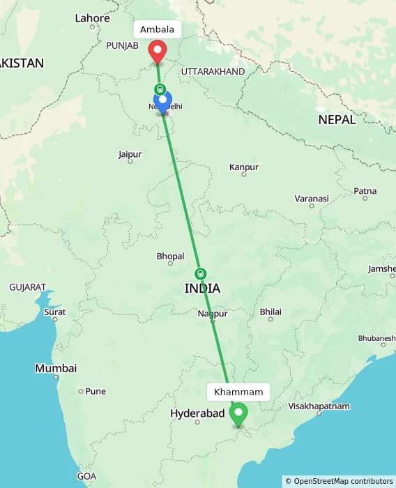 Route map showing distance and travel time from Khammam, India to Ambala, India