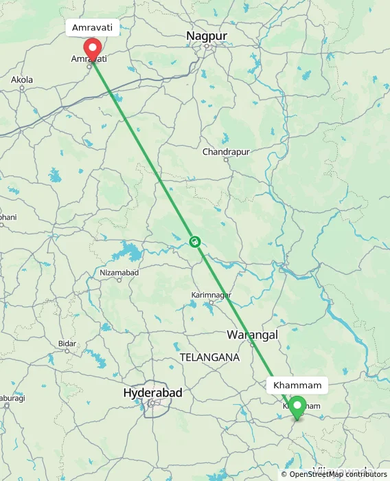Route map showing distance and travel time from Khammam, India to Amravati, India
