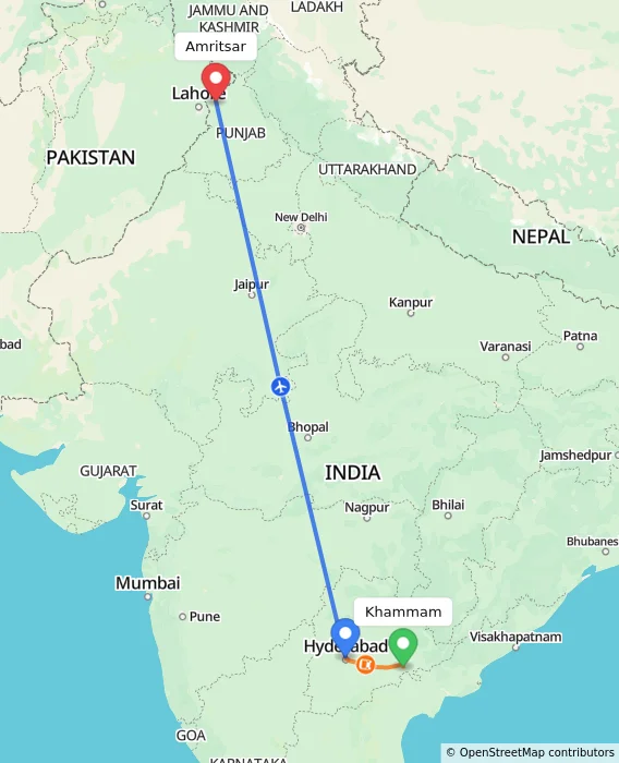 Route map showing distance and travel time from Khammam, India to Amritsar, India