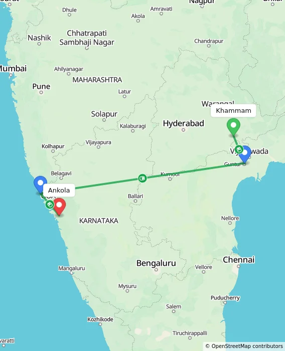 Route map showing distance and travel time from Khammam, India to Ankola, India