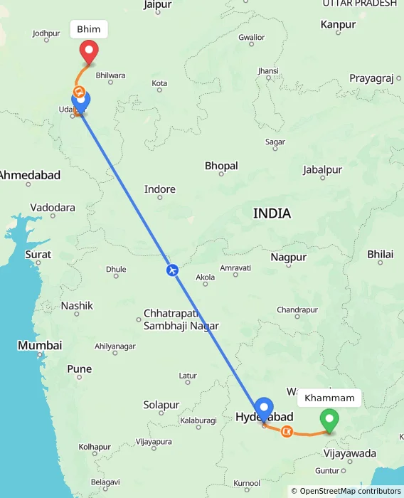 Route map showing distance and travel time from Khammam, India to Bhim, India
