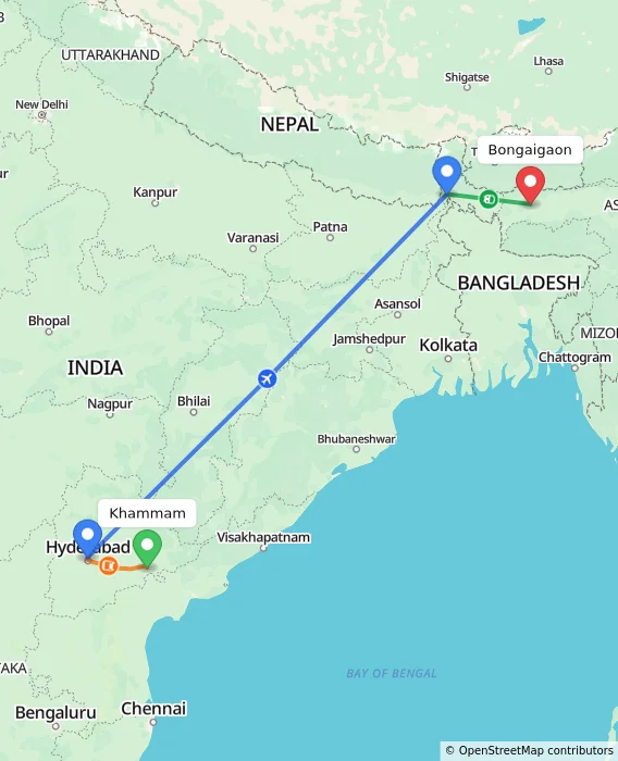 Route map showing distance and travel time from Khammam, India to Bongaigaon, India