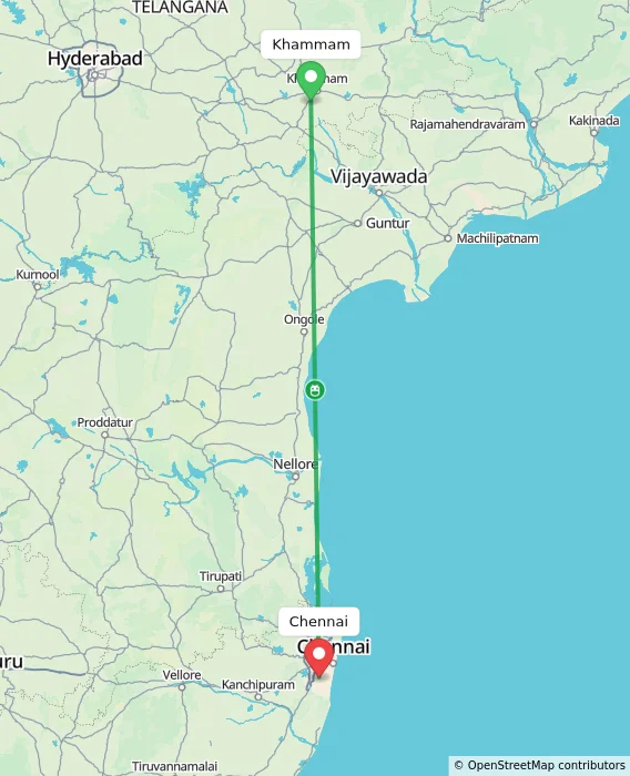 Route map showing distance and travel time from Khammam, India to Chennai, India