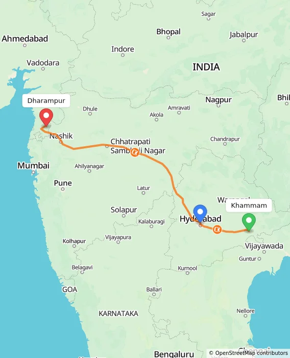 Route map showing distance and travel time from Khammam, India to Dharampur, India