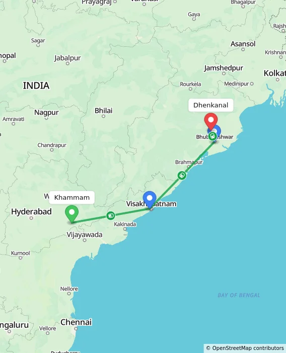 Route map showing distance and travel time from Khammam, India to Dhenkanal, India