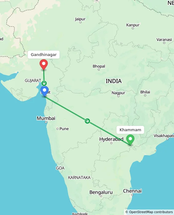 Route map showing distance and travel time from Khammam, India to Gandhinagar, India