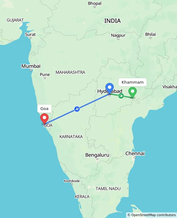 Route map showing distance and travel time from Khammam, India to Goa, India