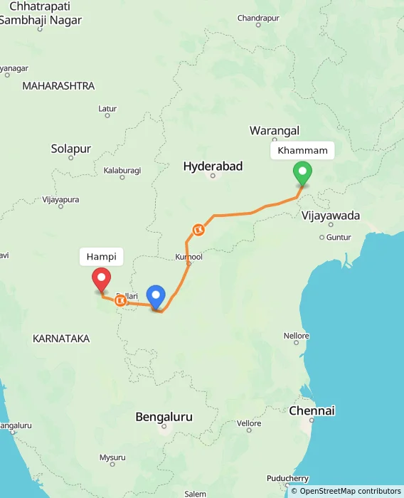 Route map showing distance and travel time from Khammam, India to Hampi, India