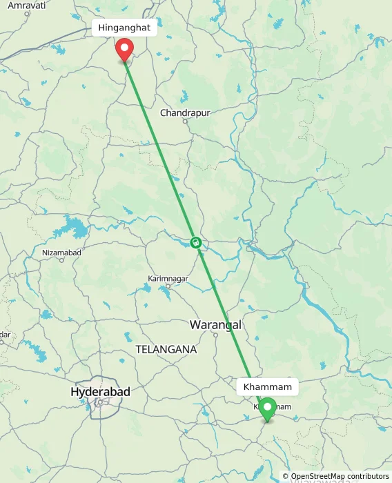 Route map showing distance and travel time from Khammam, India to Hinganghat, India