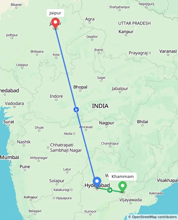 Route map showing distance and travel time from Khammam, India to Jaipur, India