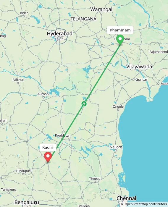 Route map showing distance and travel time from Khammam, India to Kadiri, India