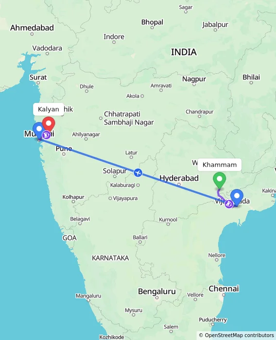 Route map showing distance and travel time from Khammam, India to Kalyan, India