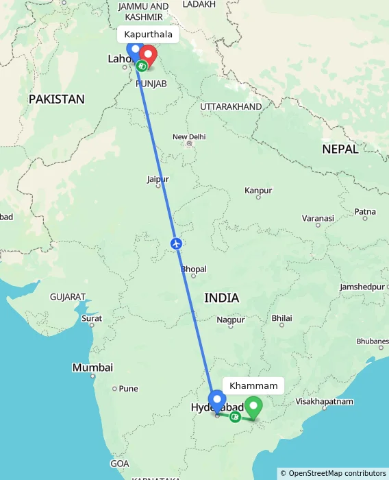 Route map showing distance and travel time from Khammam, India to Kapurthala, India