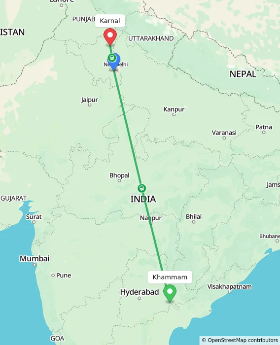 Route map showing distance and travel time from Khammam, India to Karnal, India