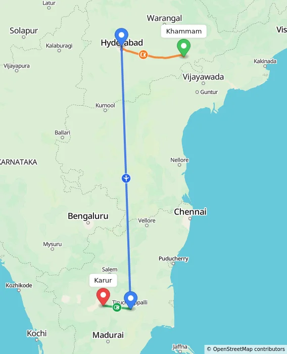 Route map showing distance and travel time from Khammam, India to Karur, India