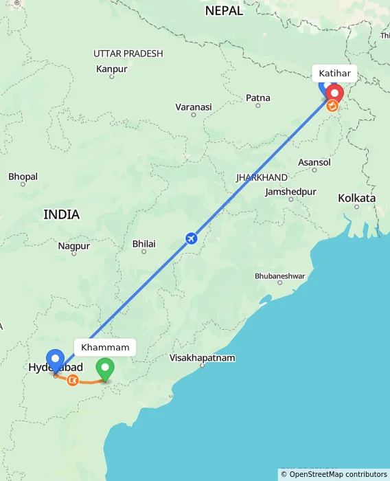Route map showing distance and travel time from Khammam, India to Katihar, India
