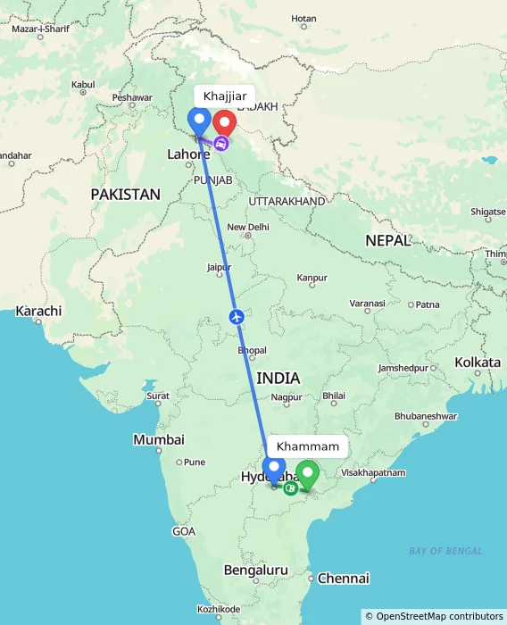 Route map showing distance and travel time from Khammam, India to Khajjiar, India