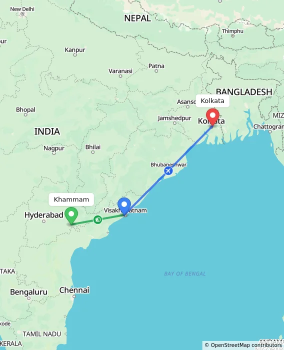 Route map showing distance and travel time from Khammam, India to Kolkata, India